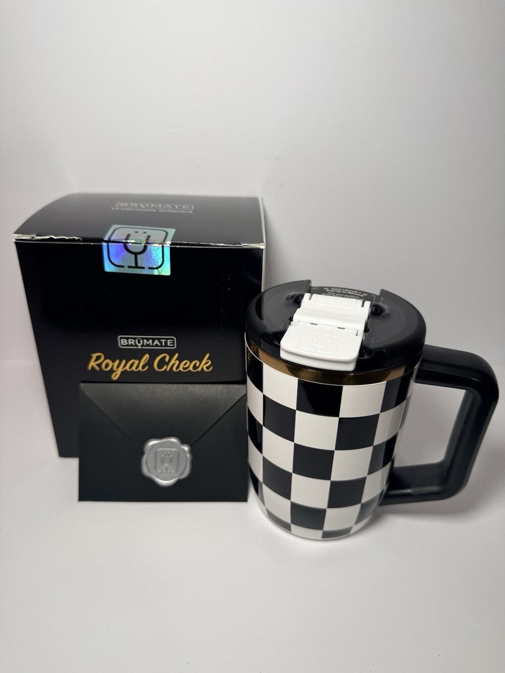 BruMate ROYAL CHECK BLACK WHITE CHECKERS 15oz Ceramic Muv Mug Tumbler NIB